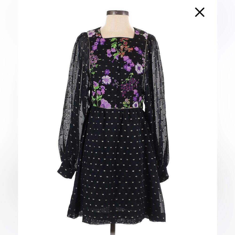 Vera Mont Paris black, gold and purple a line floral and chiffon dress, 40 Small